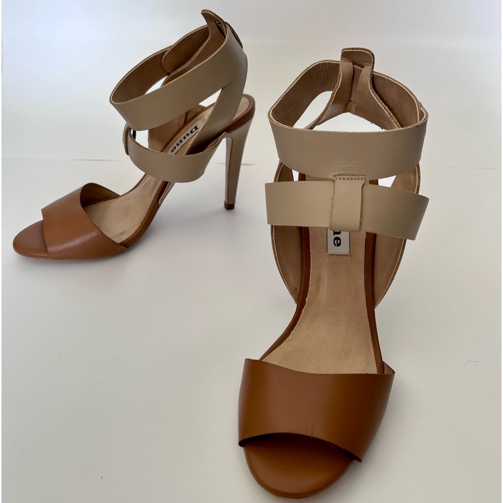 Gently worn once tan/sand leather high heeled sandals with ankle strap
